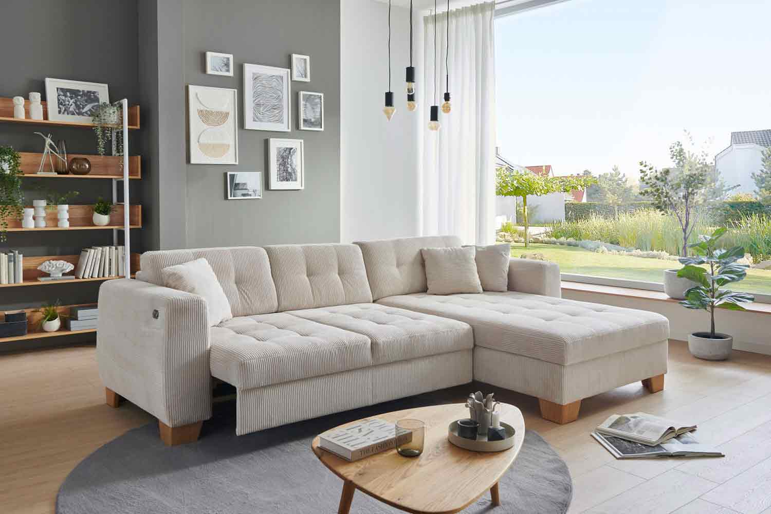 Ecksofa Milo mit motor Sitzvorzug und Bettkasten Cord